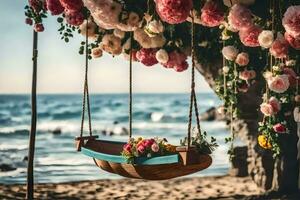 un' swing con fiori sospeso a partire dal esso su il spiaggia. ai-generato foto