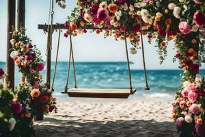 un' swing su il spiaggia con fiori e un' di legno telaio. ai-generato foto