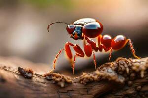un' rosso formica formica è in piedi su un' ramo. ai-generato foto