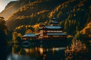 un' giapponese tempio nel il montagne a tramonto. ai-generato foto