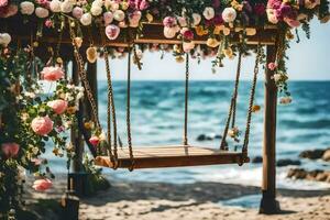 un' swing sospeso a partire dal un' di legno telaio su il spiaggia. ai-generato foto