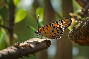 un' farfalla è seduta su un' ramo nel il foresta. ai-generato foto