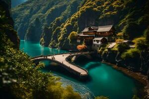 un' ponte al di sopra di un' fiume nel il montagne. ai-generato foto