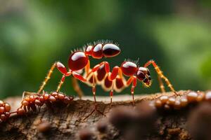 un' rosso formica è in piedi su superiore di un' tronco d'albero. ai-generato foto