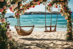 un' swing su il spiaggia con fiori e un' amaca. ai-generato foto