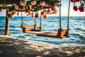 di legno swing su il spiaggia con fiori. ai-generato foto