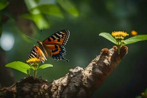 un' farfalla è seduta su un' ramo con giallo fiori. ai-generato foto