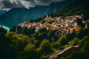 il villaggio di karavas su il lago. ai-generato foto