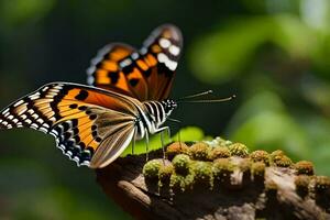 un' farfalla è seduta su un' ramo con muschio. ai-generato foto
