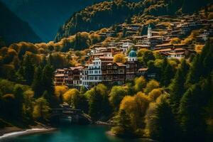 un' villaggio circondato di alberi e montagne. ai-generato foto