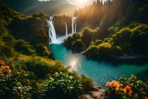 il sole brilla su un' cascata nel il montagne. ai-generato foto