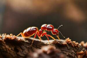 un formica è a piedi su un' albero ramo. ai-generato foto
