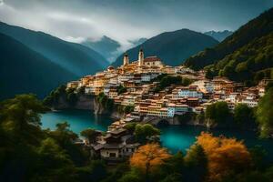 un' villaggio si siede su il bordo di un' lago circondato di montagne. ai-generato foto