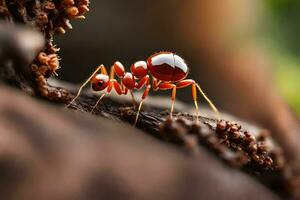 un' rosso formica strisciando su un' albero ramo. ai-generato foto
