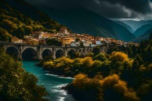 il ponte al di sopra di il fiume nel il montagne. ai-generato foto