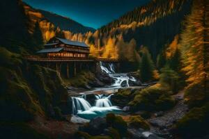 un' cascata e un' di legno Casa nel il montagne. ai-generato foto