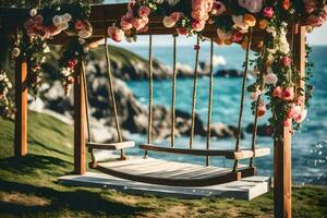 un' swing con fiori su il spiaggia. ai-generato foto