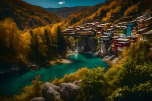 un' villaggio nel il montagne con un' fiume. ai-generato foto