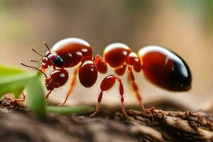 un' rosso formica è in piedi su un' tronco d'albero. ai-generato foto