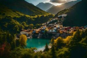 il sole brilla al di sopra di un' villaggio nel il montagne. ai-generato foto