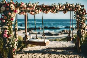 il swing è decorato con fiori e un' di legno telaio. ai-generato foto