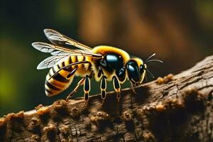un' ape è seduta su un' ramo con Marrone e nero macchie. ai-generato foto