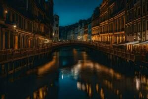 un' ponte al di sopra di un' canale a notte nel un' città. ai-generato foto