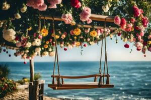 un' swing sospeso a partire dal un' albero con fiori su il terra. ai-generato foto