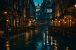 un' canale nel il mezzo di un' città a notte. ai-generato foto