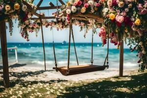 un' swing su il spiaggia con fiori. ai-generato foto