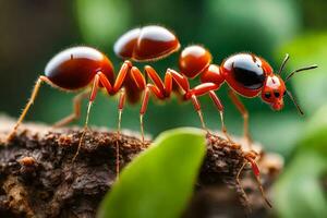 un' rosso formica è in piedi su superiore di un' albero. ai-generato foto