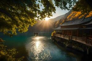 il sole brilla al di sopra di un' pagoda nel il mezzo di un' lago. ai-generato foto