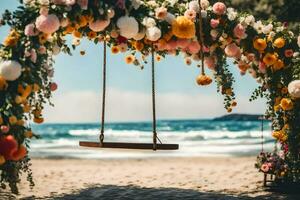 un' swing su il spiaggia con fiori e un' oscillazione. ai-generato foto