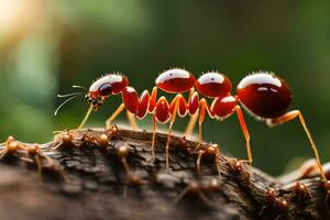 un' rosso formica formica a piedi su un' albero tronco. ai-generato foto