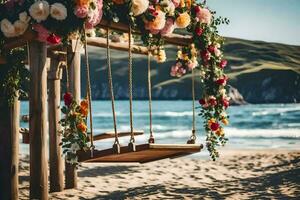 un' swing su il spiaggia con fiori. ai-generato foto