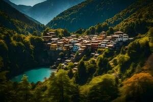 un' villaggio nel il montagne con un' lago. ai-generato foto