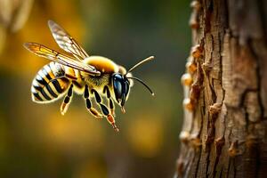 un' ape è volante in direzione un' albero. ai-generato foto