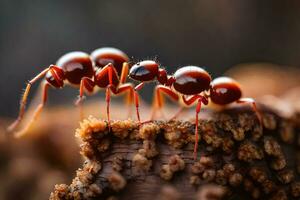 Due rosso formiche su un' tronco d'albero. ai-generato foto