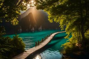 il sole brilla al di sopra di un' di legno ponte al di sopra di un' lago. ai-generato foto