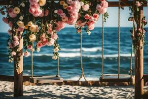 un' swing con fiori su il spiaggia. ai-generato foto