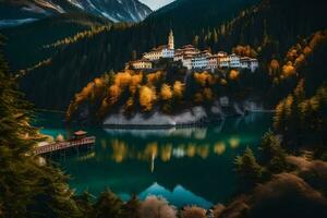 un' bellissimo lago circondato di montagne e alberi. ai-generato foto