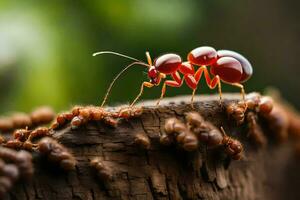 un' rosso formica a piedi su superiore di un' tronco d'albero. ai-generato foto
