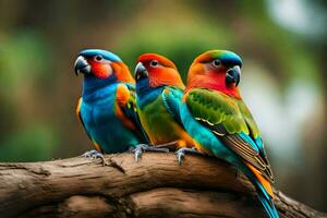 tre colorato uccelli seduta su un' ramo. ai-generato foto