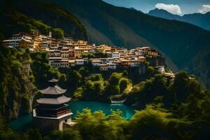 un' villaggio si siede su superiore di un' montagna prospiciente un' lago. ai-generato foto