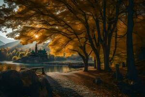foto sfondo autunno, alberi, il sentiero, il lago, castello, il sole, il sentiero. ai-generato