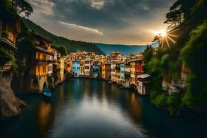 il sole imposta al di sopra di un' fiume nel un' villaggio. ai-generato foto