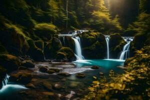 un' cascata nel il foresta con il sole splendente. ai-generato foto