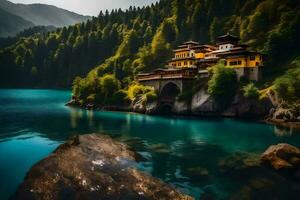 un' bellissimo lago circondato di montagne e un' Casa. ai-generato foto