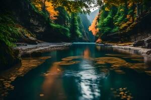 un' fiume nel il mezzo di un' foresta con alberi. ai-generato foto