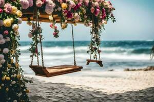 un' swing su il spiaggia con fiori. ai-generato foto